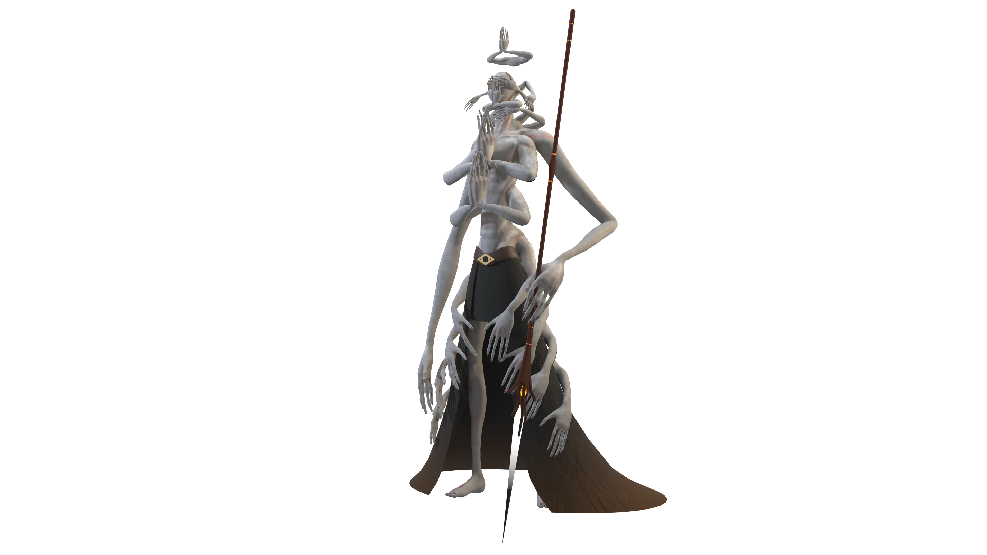 A multi-armed humanoid figure with pale skin, holding a long spear, wearing a dark draped skirt, and striking a dynamic pose.