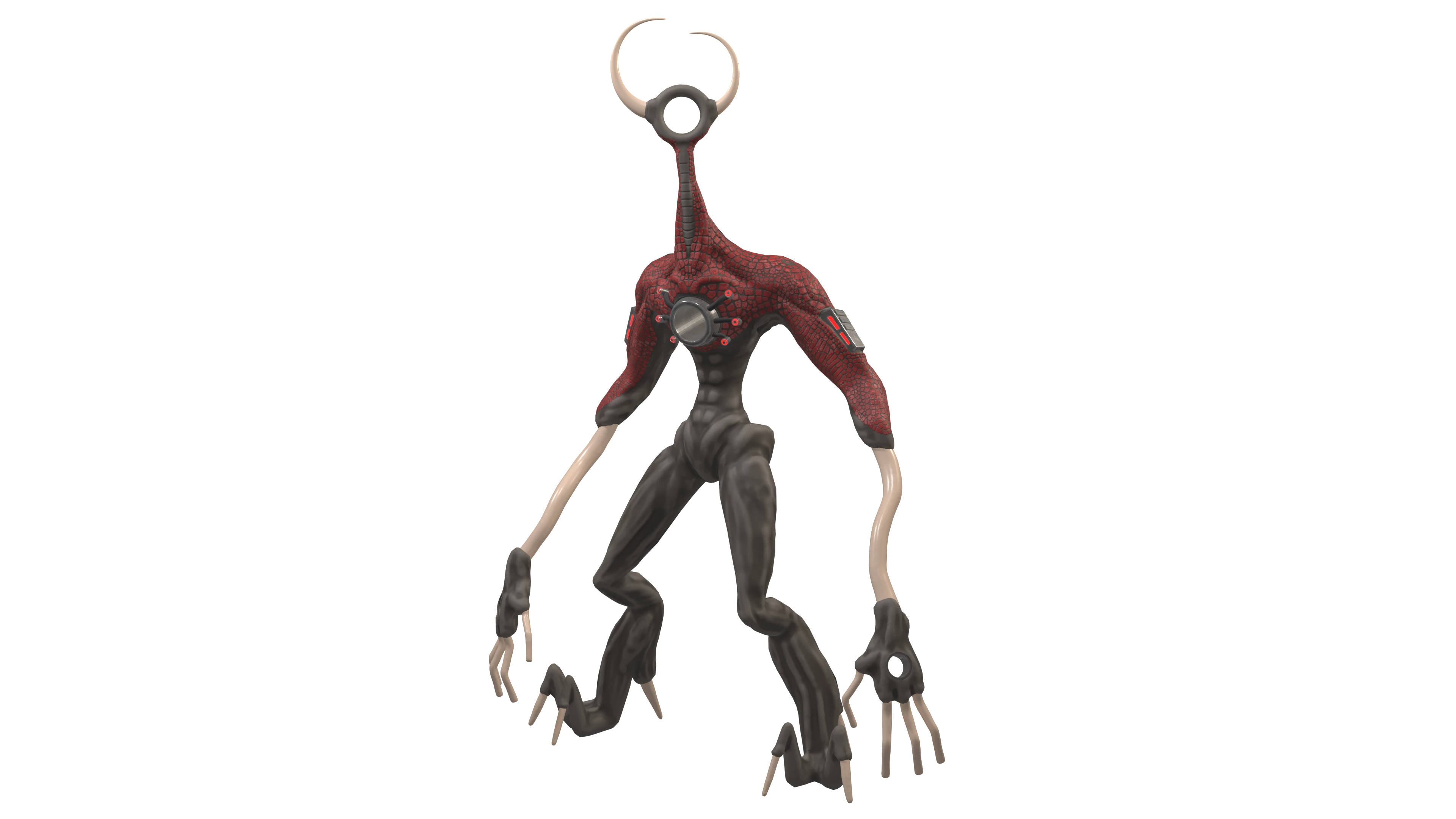 Front view of alien creature with crescent head crest, red scaled torso, circular chest apparatus, long thin arms with oversized clawed hands, and dark muscular legs.
