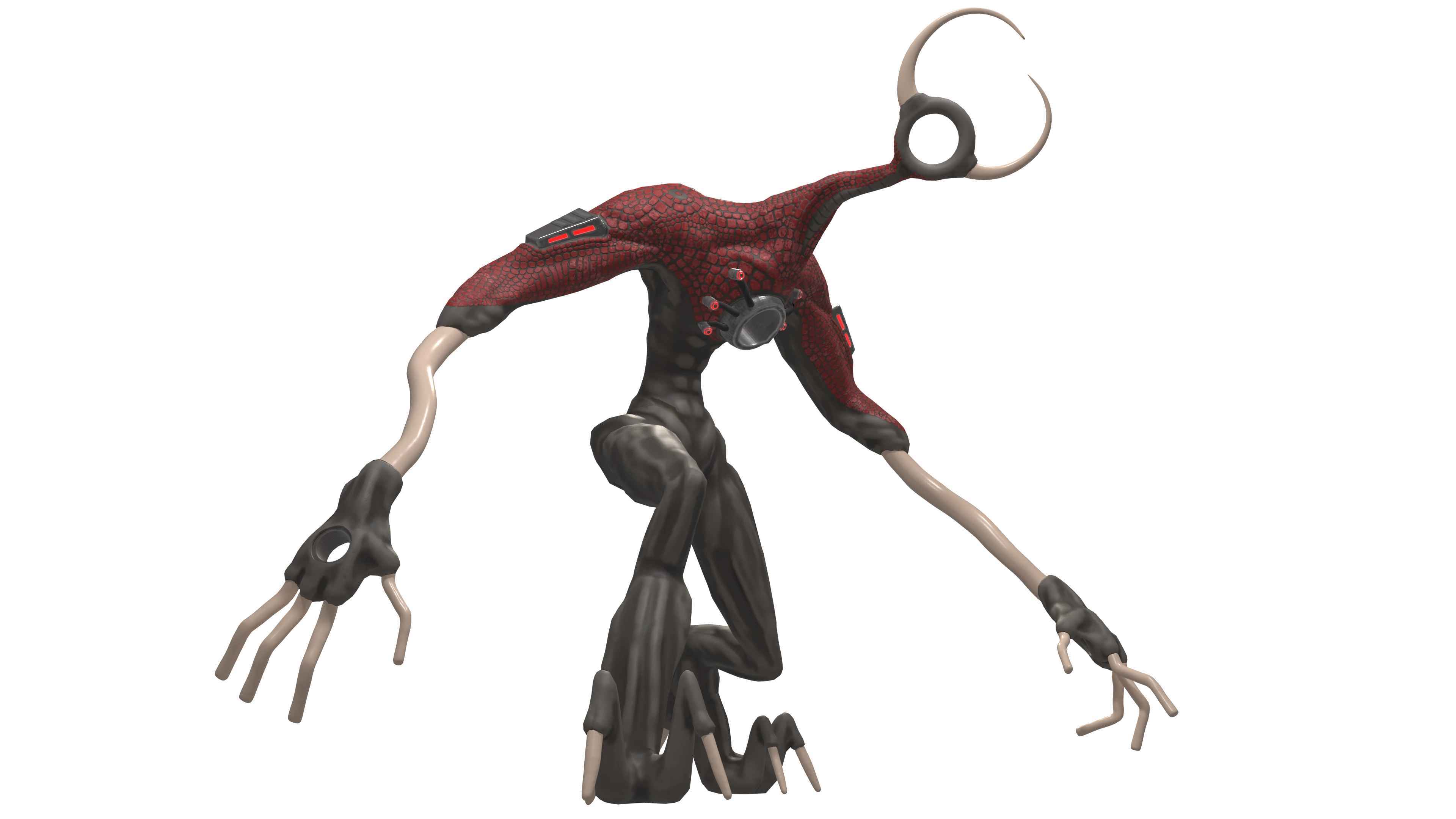 Alien creature with red scaled upper body, elongated arms with clawed fingers, a crescent-shaped head crest, mechanical eye piece, and dark fused lower limbs.