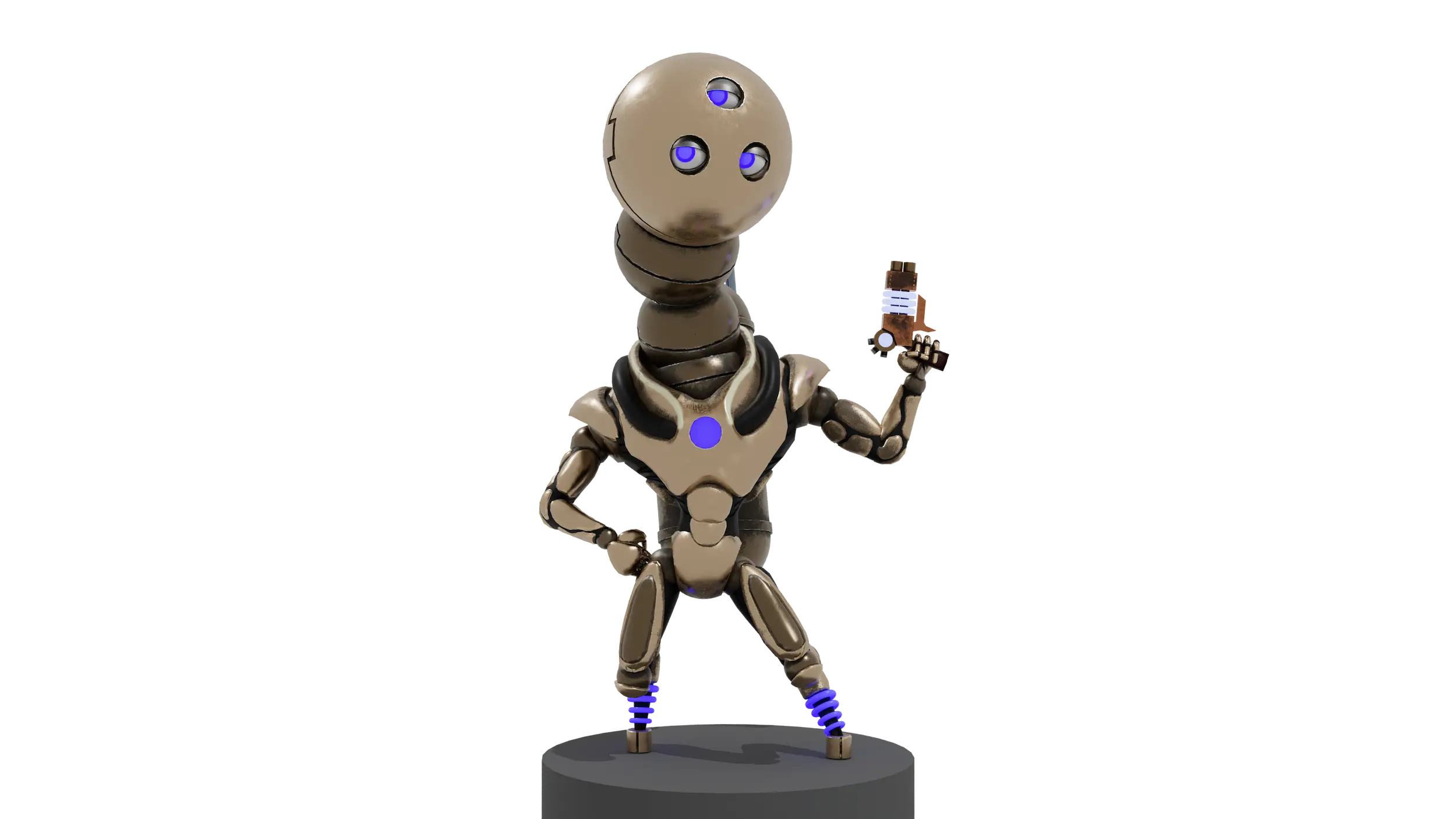 Cartoonish bronze robot with round head, three purple eyes, spring-coil feet, holding a small pistol, standing in a confident pose.