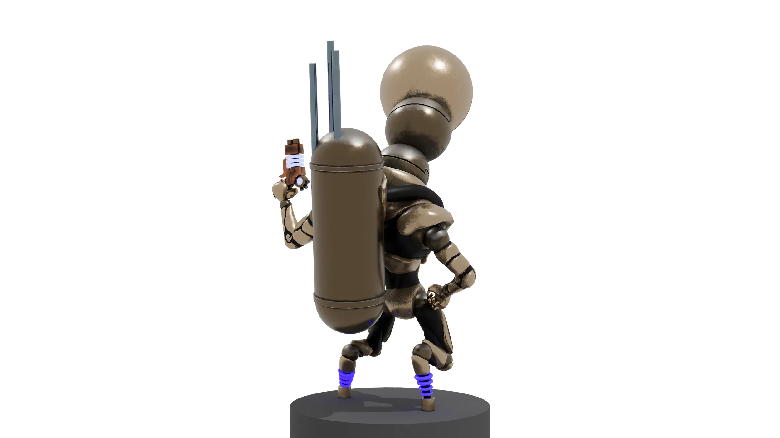 Rear view of bronze robot showing large cylindrical backpack with twin antennae, holding a pistol, purple spring-coil ankles.