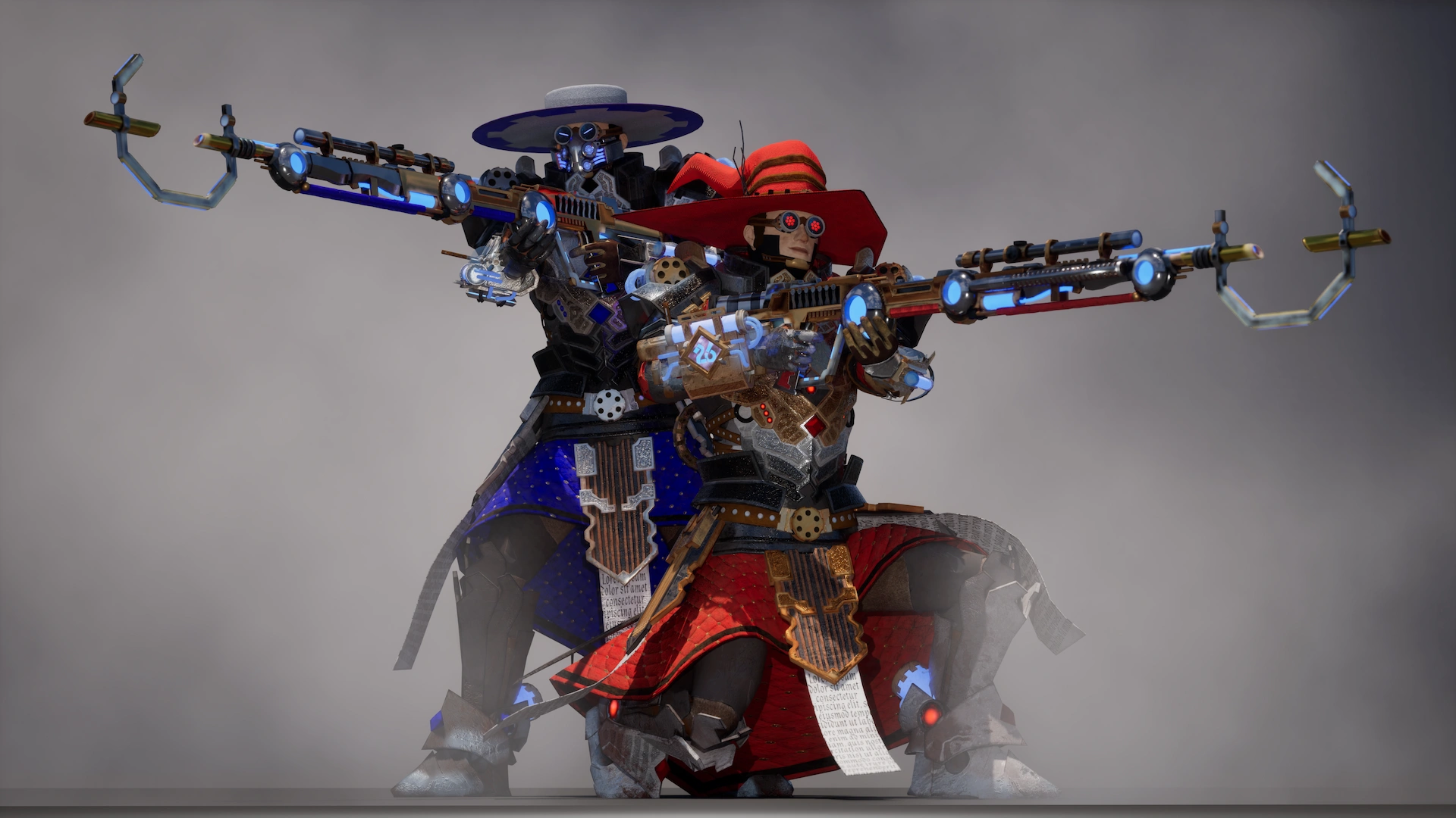 Two steampunk wizards standing back to back aiming magic looking rifles.
